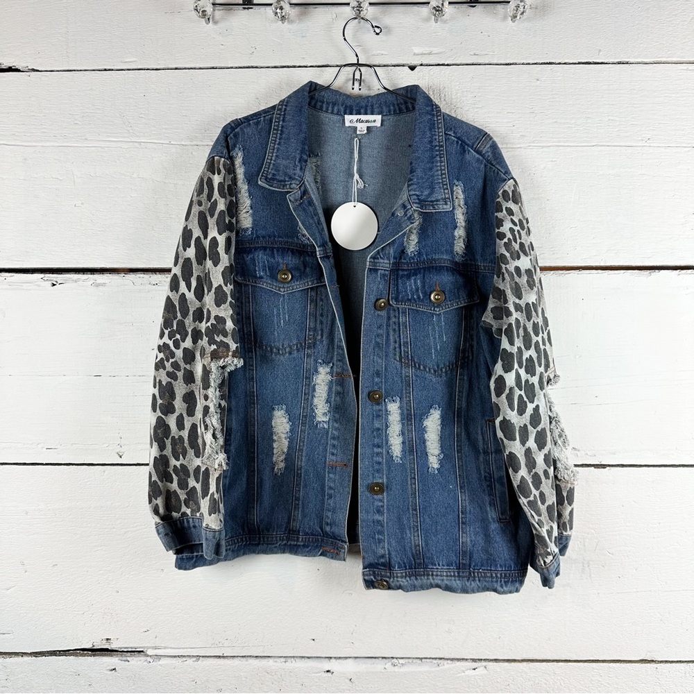 Leopard color block jean jacket country chic - Picture 2 of 6